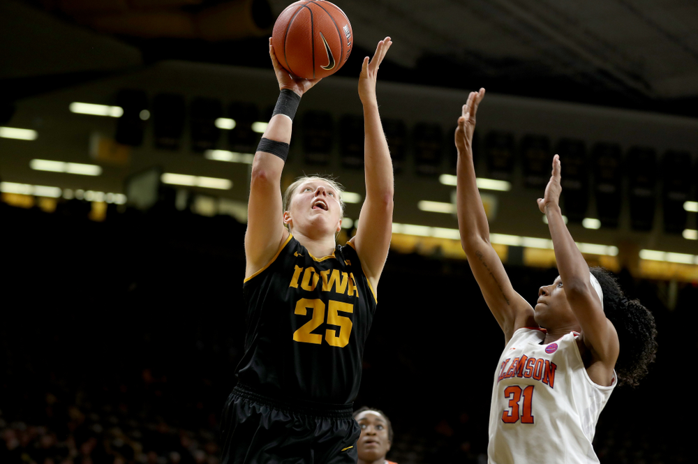 Iowa Hawkeyes forward/center Monika Czinano (25) against Clemson Wednesday, December 4, 2019 at Carver-Hawkeye Arena. (Brian Ray/hawkeyesports.com)
