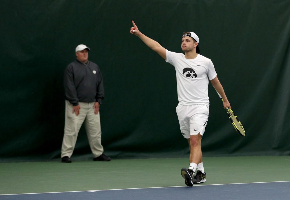 Iowa’s Will Davies against Cornell Sunday, March 8, 2020 at the Hawkeye Tennis and Recreation Center. (Brian Ray/hawkeyesports.com)