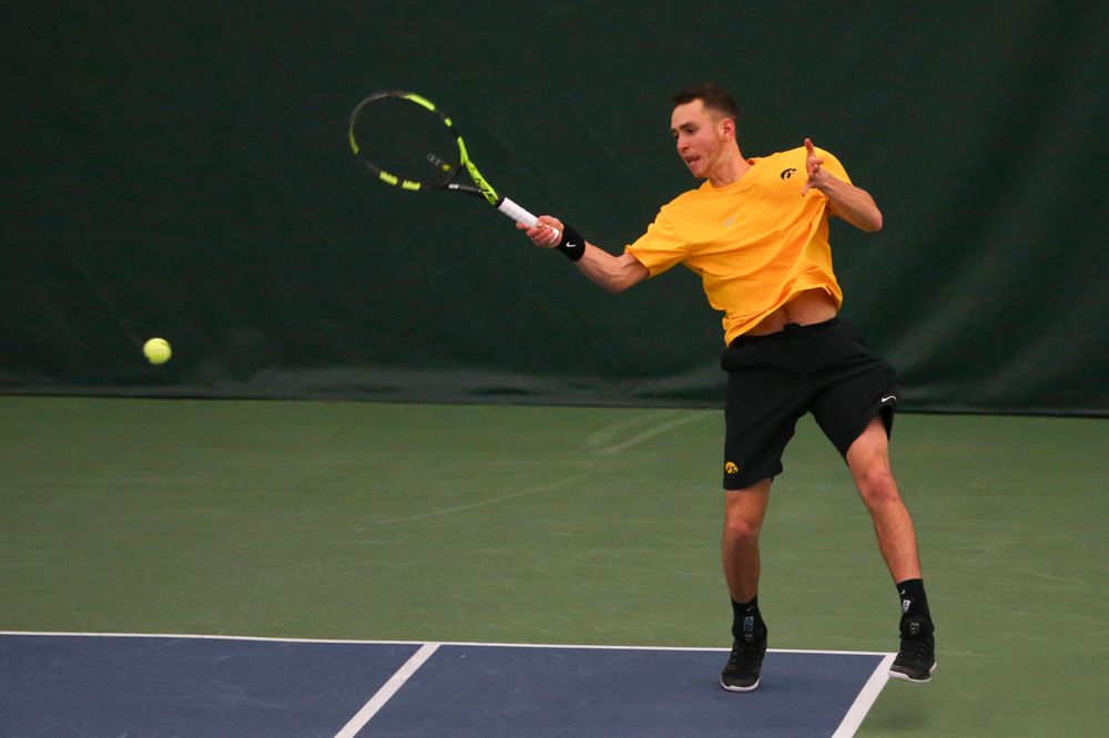 Iowa's Kareem Allaf at a tennis match vs Drake Friday, March 8, 2019 at the Hawkeye Tennis and Recreation Complex. (Lily Smith/hawkeyesports.com)