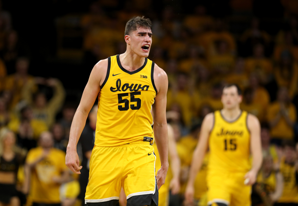 Iowa Hawkeyes forward Luka Garza (55) celebrates late in the game against the Rutgers Scarlet Knights Wednesday, January 22, 2020 at Carver-Hawkeye Arena. (Brian Ray/hawkeyesports.com)