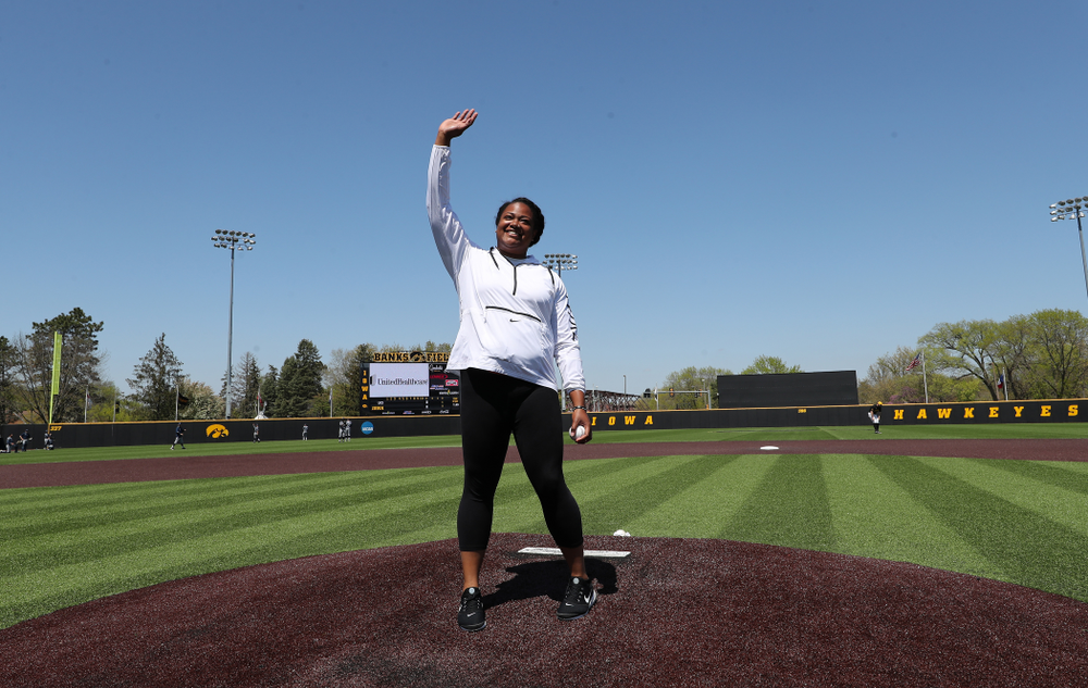 Iowa Track and FieldÕs Laulauga Tausaga throws out a first pitch before the Iowa Hawkeyes second game against UC Irvine Saturday, May 4, 2019 at Duane Banks Field. (Brian Ray/hawkeyesports.com)