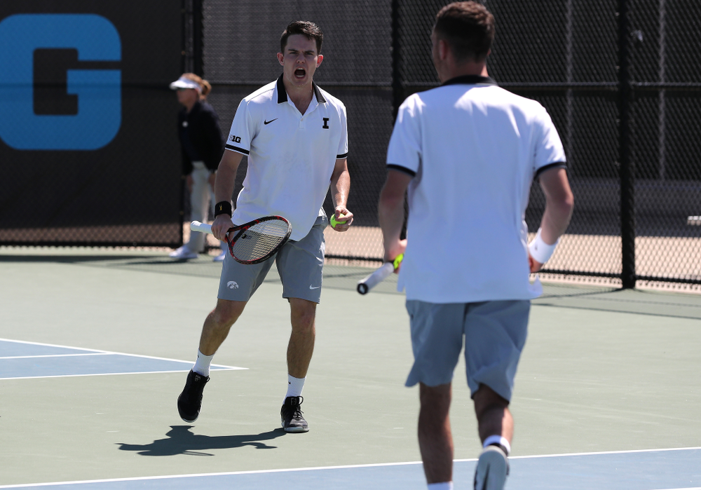 IowaÕs Kareem Allaf and Jonas Larsen play a doubles match against the Michigan Wolverines Sunday, April 21, 2019 at the Hawkeye Tennis and Recreation Complex. (Brian Ray/hawkeyesports.com)