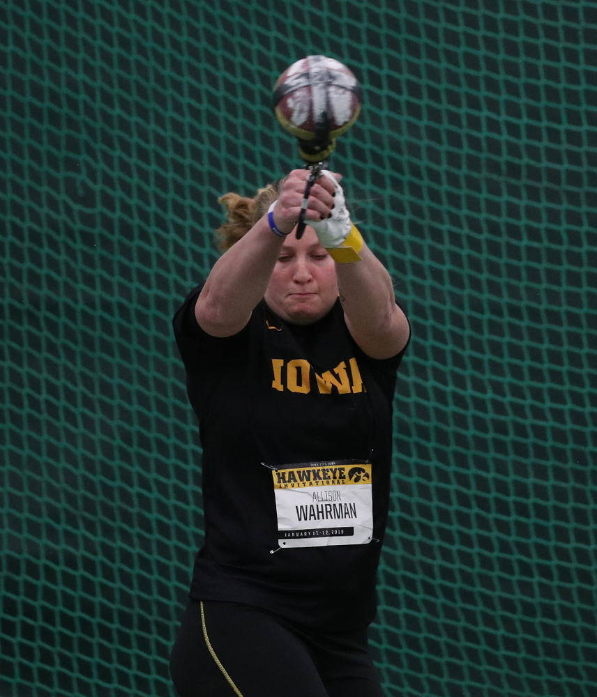 Iowa's Allison Wahrman competes in the weight throw Friday, January 11, 2019 at the Hawkeye Tennis and Recreation Center. (Brian Ray/hawkeyesports.com)