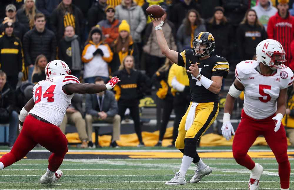 Iowa Hawkeyes quarterback Nate Stanley (4) passes the ball during a game against Nebraska at Kinnick Stadium on November 23, 2018. (Tork Mason/hawkeyesports.com)