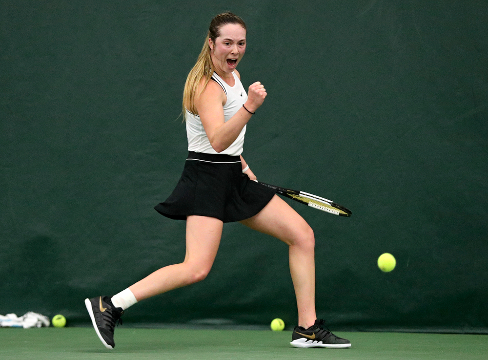 Iowa’s Samantha Mannix during her singles match at the Hawkeye Tennis and Recreation Complex in Iowa City on Sunday, February 16, 2020. (Stephen Mally/hawkeyesports.com)