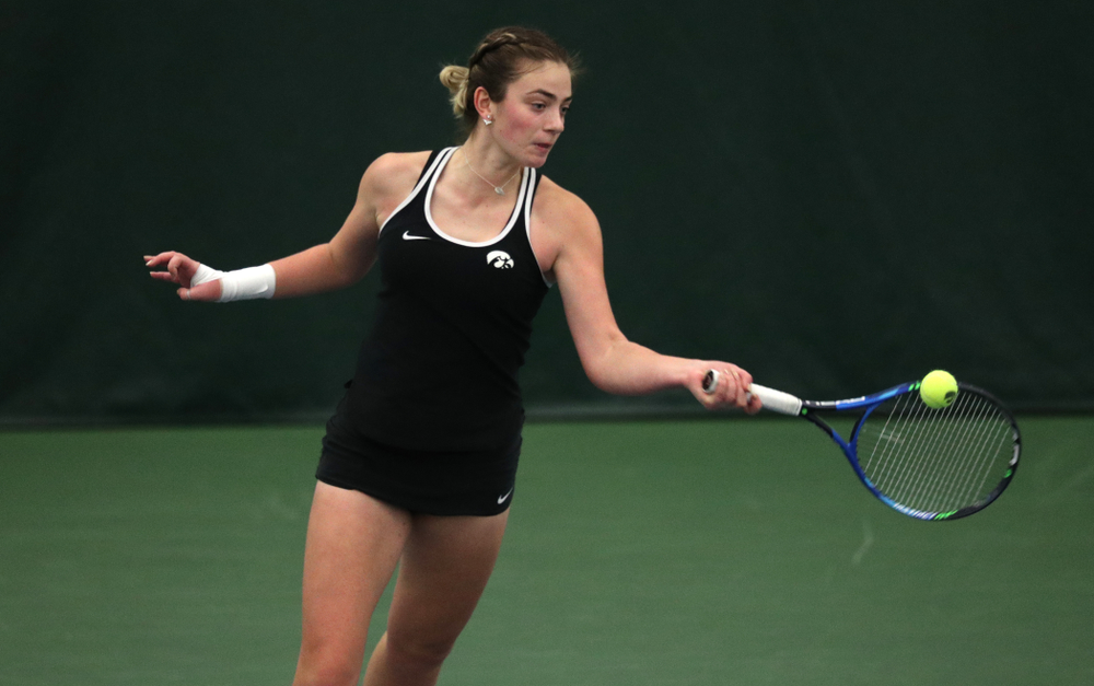 Iowa's Sophie Clark against the Penn State Nittany Lions Sunday, February 24, 2019 at the Hawkeye Tennis and Recreation Complex. (Brian Ray/hawkeyesports.com)