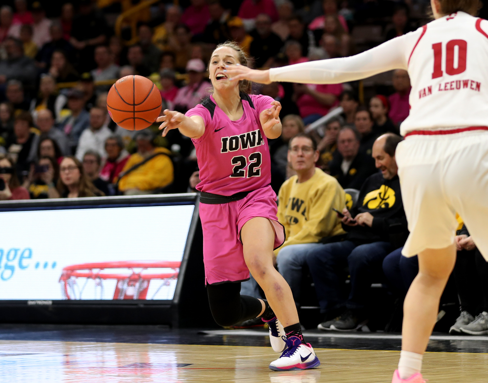 Iowa Hawkeyes guard Kathleen Doyle (22) against the Wisconsin Badgers Sunday, February 16, 2020 at Carver-Hawkeye Arena. (Brian Ray/hawkeyesports.com)