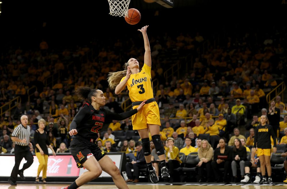 Iowa Hawkeyes guard Makenzie Meyer (3) against the Maryland Terrapins Thursday, January 9, 2020 at Carver-Hawkeye Arena. (Brian Ray/hawkeyesports.com)