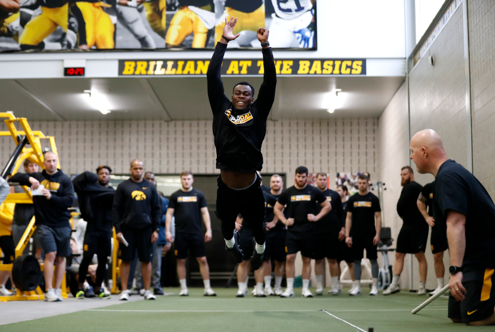 Iowa Hawkeyes defensive back Joshua Jackson (15) during the team's annual pro day Monday, March 26, 2018 at the Hansen Football Performance Center. (Brian Ray/hawkeyesports.com)