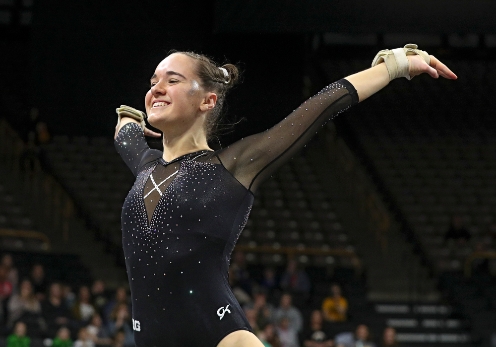 Iowa’s Allie Gilchrist competes on the floor during their meet at Carver-Hawkeye Arena in Iowa City on Sunday, March 8, 2020. (Stephen Mally/hawkeyesports.com)