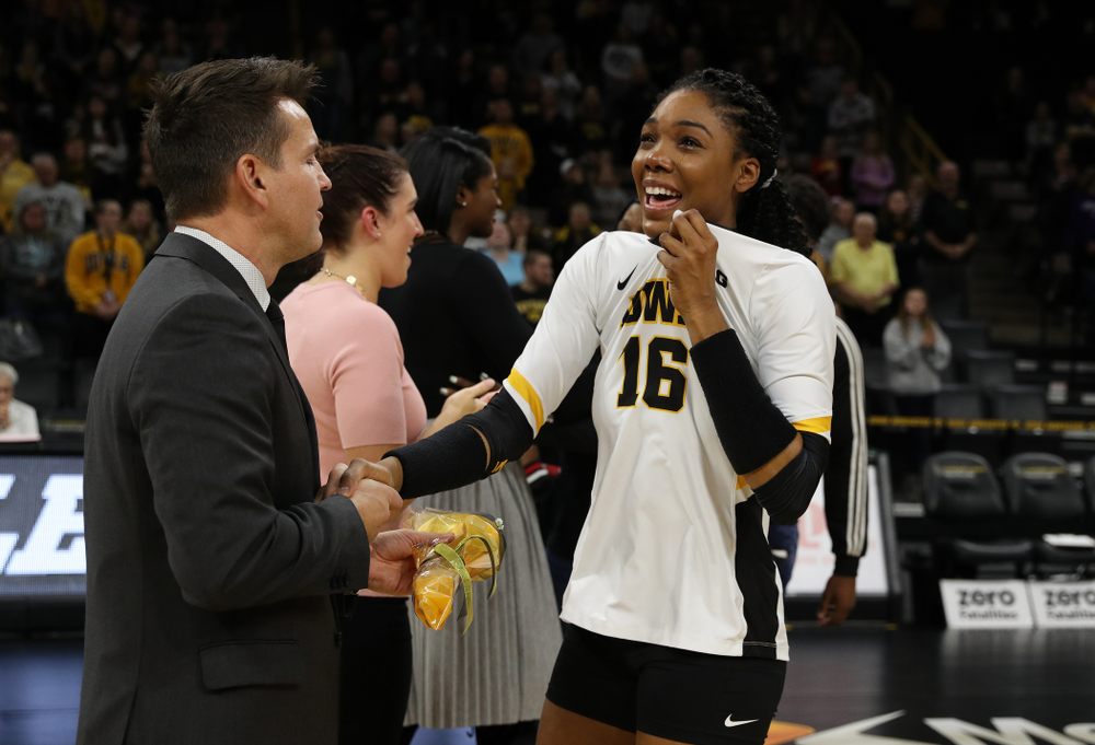 Iowa Hawkeyes outside hitter Taylor Louis (16) during senior day activities before their game against the Ohio State Buckeyes Saturday, November 24, 2018 at Carver-Hawkeye Arena. (Brian Ray/hawkeyesports.com)