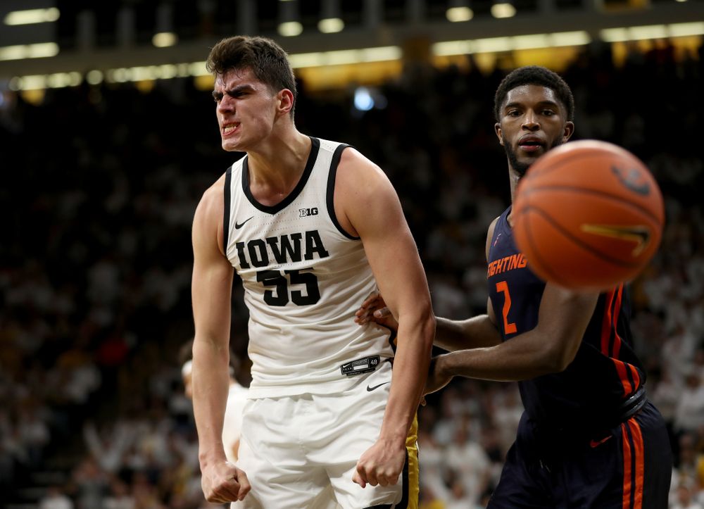Iowa Hawkeyes forward Luka Garza (55) celebrates after making a basket against the Illinois Fighting Illini Sunday, February 2, 2020 at Carver-Hawkeye Arena. (Brian Ray/hawkeyesports.com)