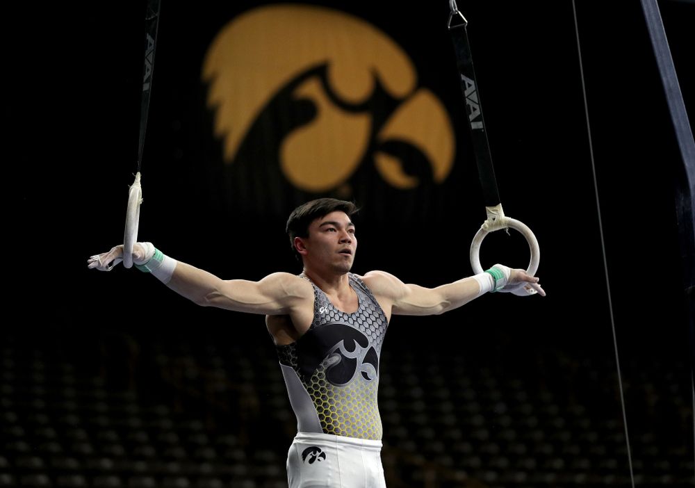 Iowa’s Brandon Wong competes on the rings against Illinois Sunday, March 1, 2020 at Carver-Hawkeye Arena. (Brian Ray/hawkeyesports.com)