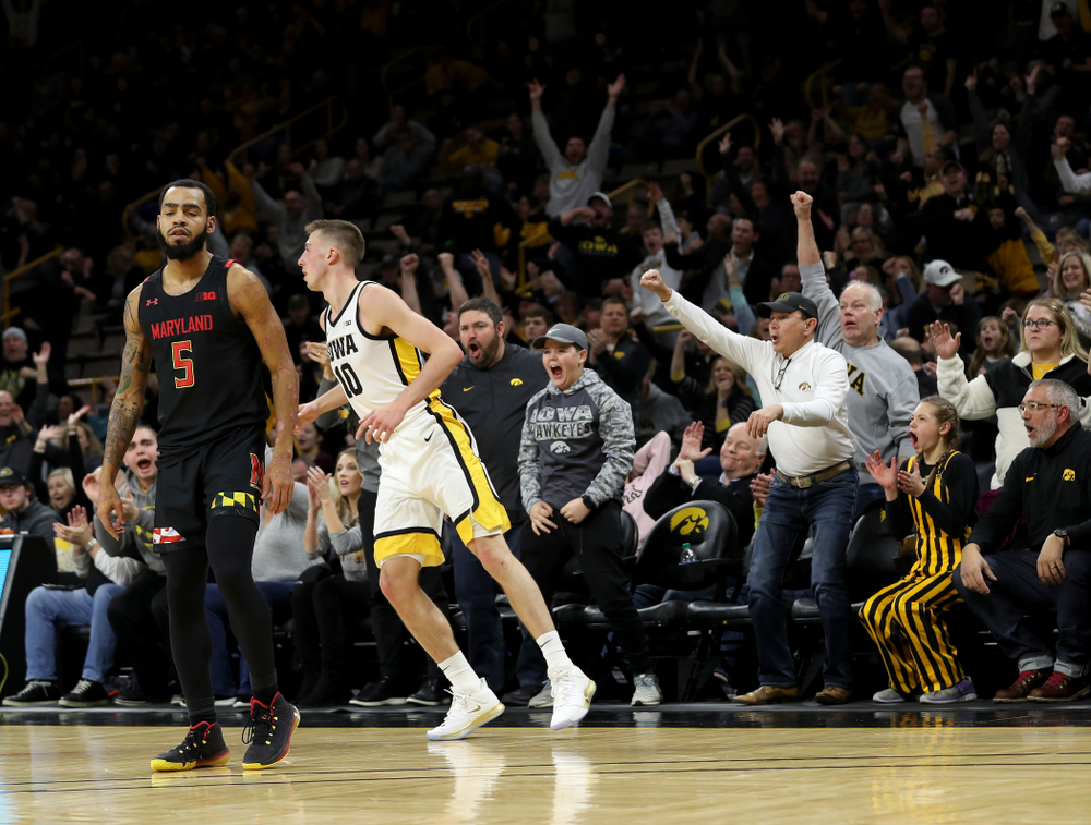Iowa Hawkeyes guard Joe Wieskamp (10) celebrates a three point basket against the Maryland Terrapins Friday, January 10, 2020 at Carver-Hawkeye Arena. (Brian Ray/hawkeyesports.com)