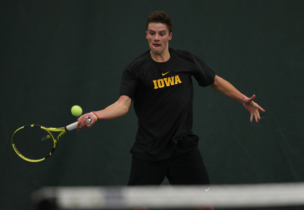 Joe Tyler against the Miami Hurricanes Friday, February 8, 2019 at the Hawkeye Tennis and Recreation Complex. (Brian Ray/hawkeyesports.com)