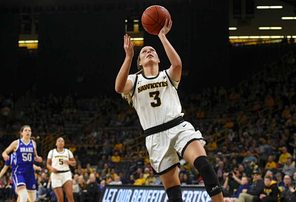 Iowa Hawkeyes guard Makenzie Meyer (3) scores a basket during the second quarter of their game at Carver-Hawkeye Arena in Iowa City on Saturday, December 21, 2019. (Stephen Mally/hawkeyesports.com)