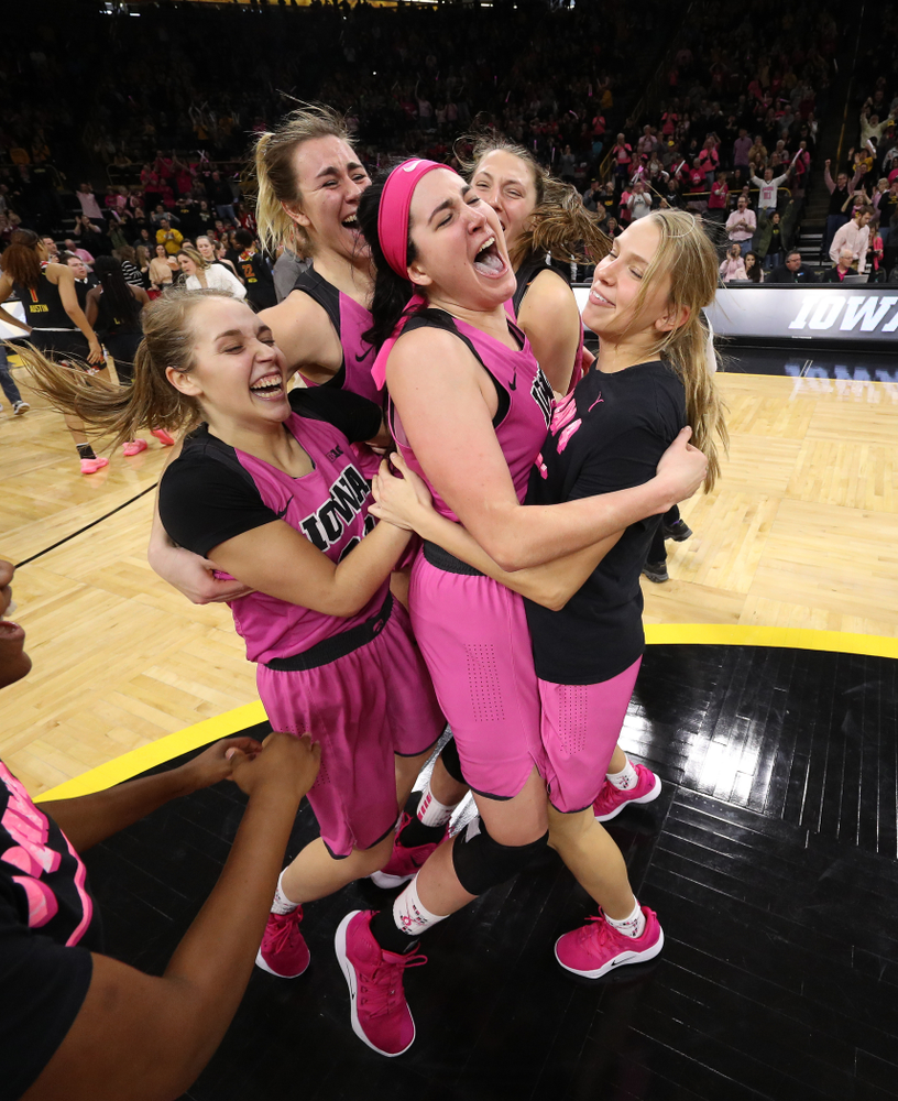 The Iowa Hawkeyes celebrate their victory over the seventh ranked Maryland Terrapins Sunday, February 17, 2019 at Carver-Hawkeye Arena. (Brian Ray/hawkeyesports.com)