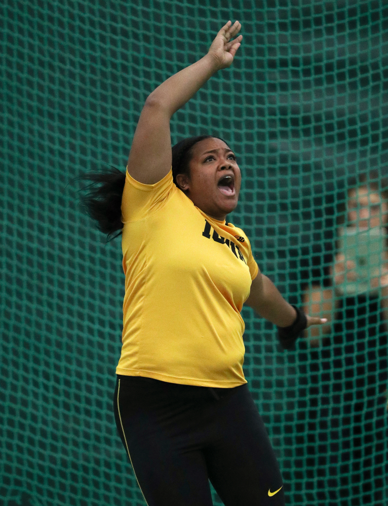 Iowa's Laulauga Tausaga competes in the weight throw during the Jimmy Grant Invitational Saturday, December 8, 2018 at the Hawkeye Tennis and Recreation Center. (Brian Ray/hawkeyesports.com)