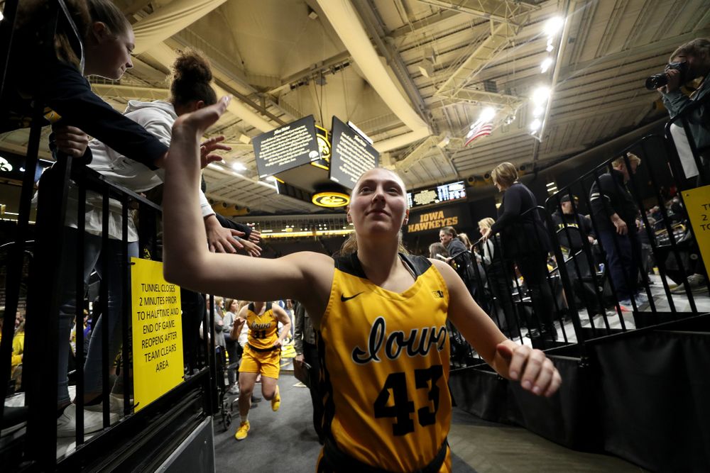 Iowa Hawkeyes forward Amanda Ollinger (43) during senior day activities following their win over the Minnesota Golden Gophers Thursday, February 27, 2020 at Carver-Hawkeye Arena. (Brian Ray/hawkeyesports.com)