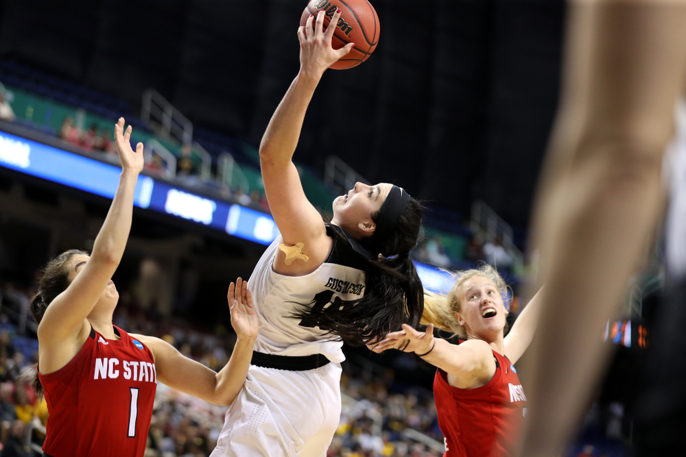 Iowa Hawkeyes forward Megan Gustafson (10) against the NC State Wolfpack in the regional semi-final of the 2019 NCAA Women's College Basketball Tournament Saturday, March 30, 2019 at Greensboro Coliseum in Greensboro, NC.(Brian Ray/hawkeyesports.com)