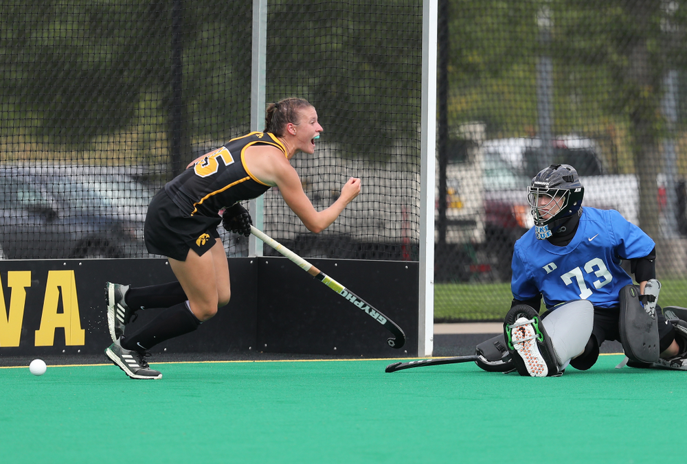 Iowa Hawkeyes Esme Gibson (15) celebrates a goal against the Duke Blue Devils Sunday, September 15, 2019 at Grant Field. (Brian Ray/hawkeyesports.com)