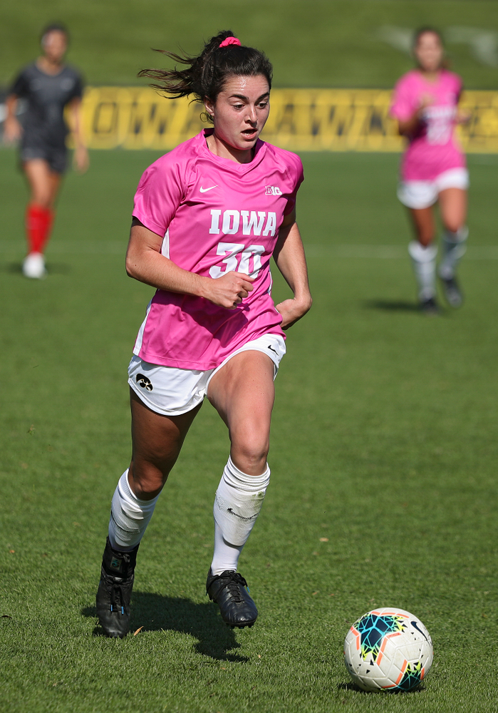 Iowa forward Devin Burns (30) runs down a pass during the first half of their match at the Iowa Soccer Complex in Iowa City on Sunday, Oct 27, 2019. (Stephen Mally/hawkeyesports.com)