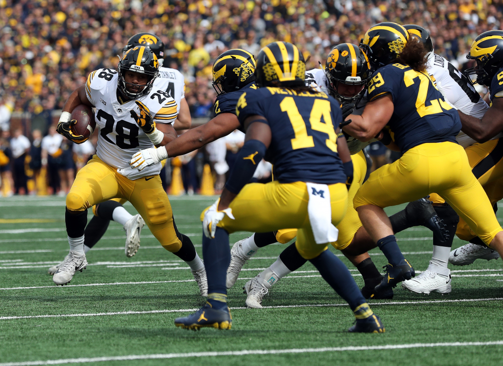 Iowa Hawkeyes running back Toren Young (28) against the Michigan Wolverines Saturday, October 5, 2019 at Michigan Stadium in Ann Arbor, MI. (Brian Ray/hawkeyesports.com)