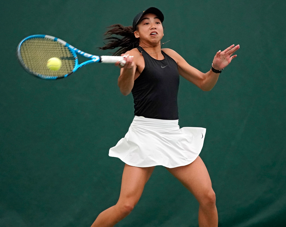 Iowa's Michelle Bacalla plays a match against Indiana at the Hawkeye Tennis and Recreation Complex in Iowa City on Sunday, Mar. 31, 2019. (Stephen Mally/hawkeyesports.com)