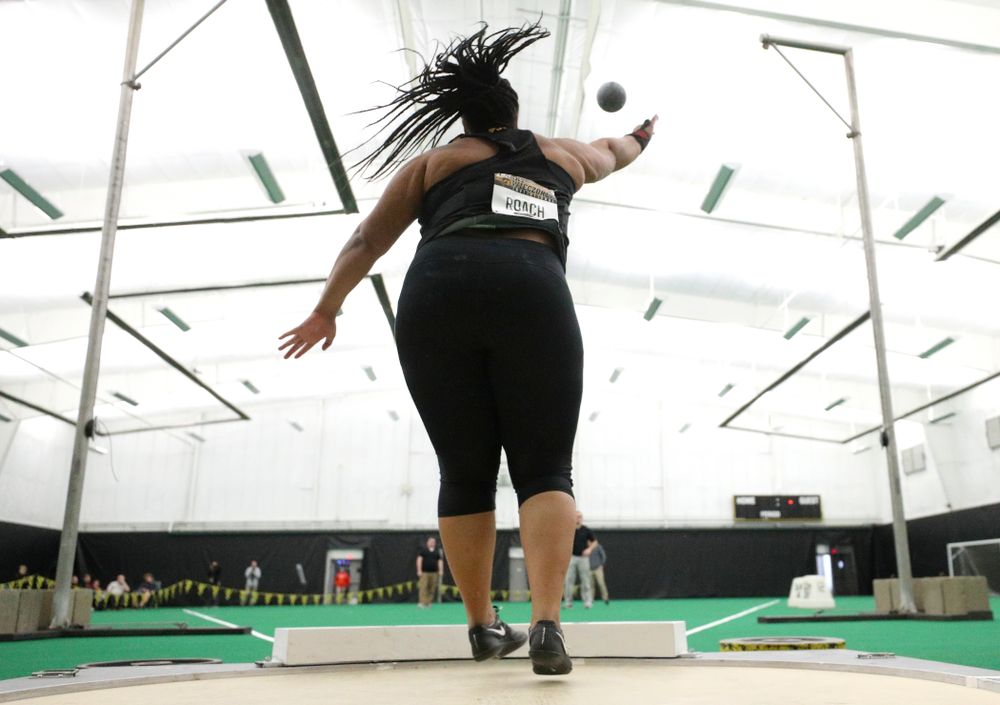Iowa’s Ianna Roach throws in the women’s shot put event during the Larry Wieczorek Invitational at the Hawkeye Tennis and Recreation Complex in Iowa City on Friday, January 17, 2020. (Stephen Mally/hawkeyesports.com)