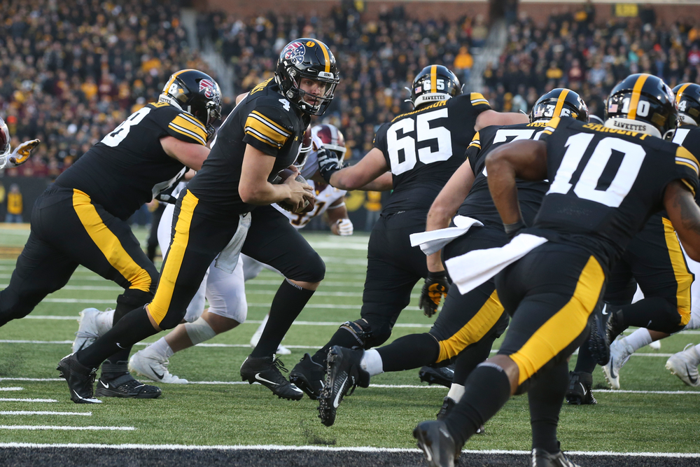 Iowa Hawkeyes quarterback Nate Stanley (4) during Iowa football vs Minnesota on Saturday, November 16, 2019 at Kinnick Stadium. (Lily Smith/hawkeyesports.com)