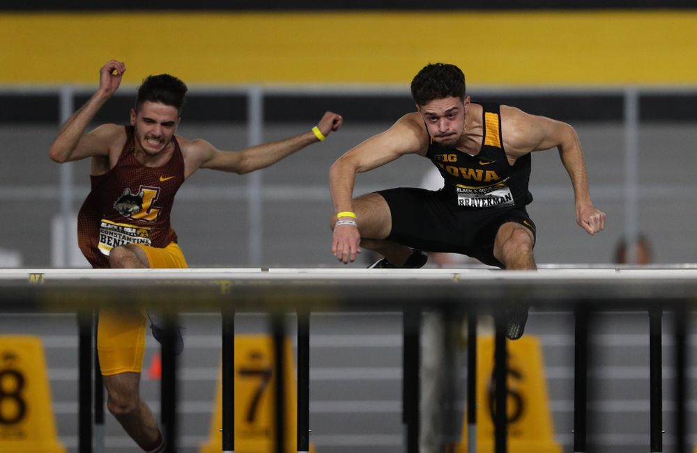 Iowa's Josh Braverman competes in the 60-meter hurdles during the Black and Gold Premier meet Saturday, January 26, 2019 at the Recreation Building. (Brian Ray/hawkeyesports.com)