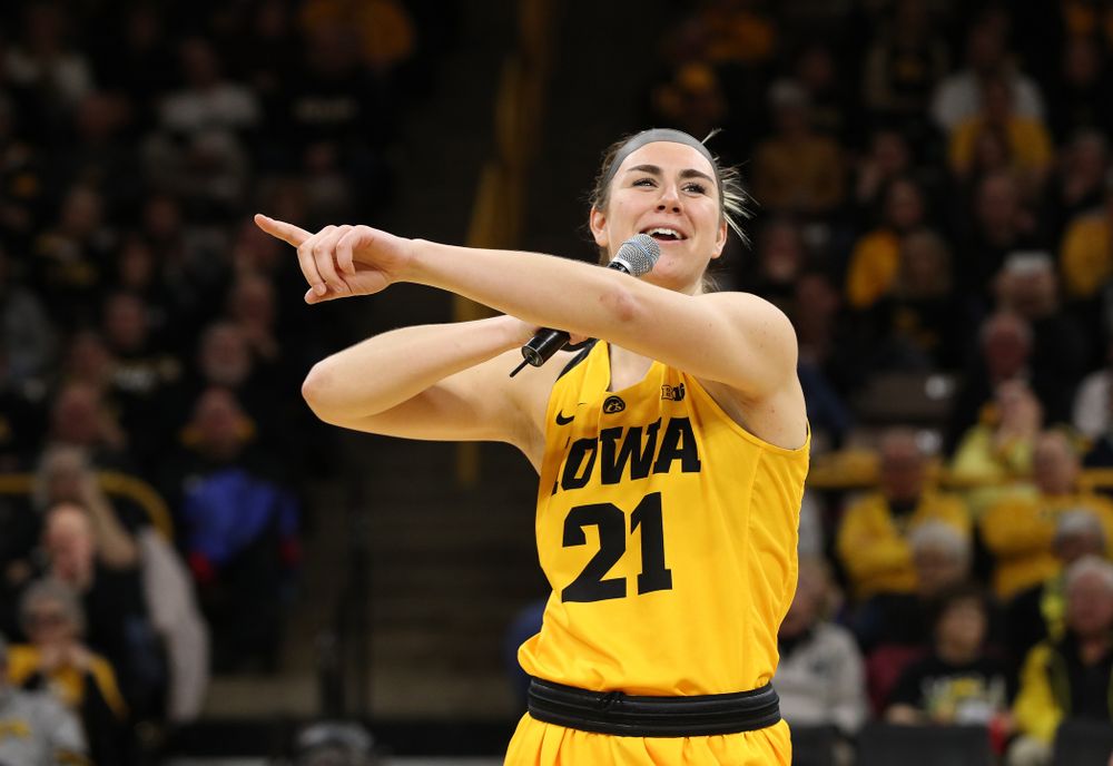 Iowa Hawkeyes forward Hannah Stewart (21) during senior day ceremonies following their game against the Northwestern Wildcats Sunday, March 3, 2019 at Carver-Hawkeye Arena. (Brian Ray/hawkeyesports.com)