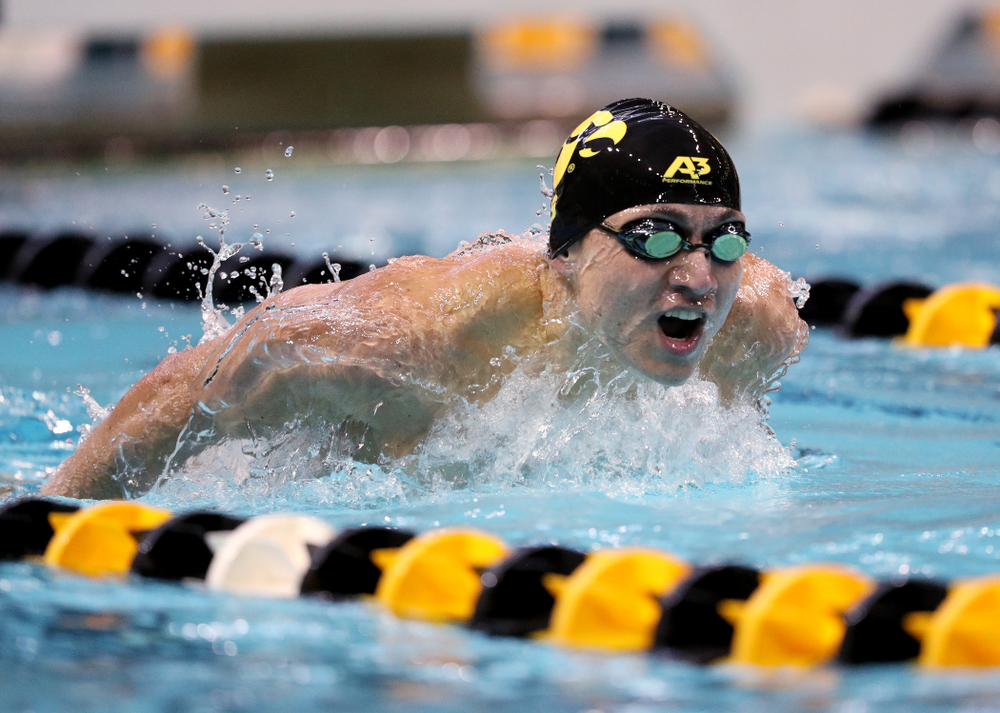 IowaÕs Michael Tenney competes in the 200 yard butterfly against Notre Dame and Illinois Saturday, January 11, 2020 at the Campus Recreation and Wellness Center. (Brian Ray/hawkeyesports.com)