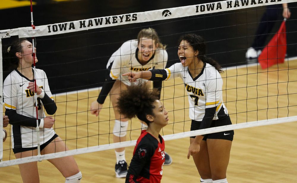 Iowa Hawkeyes setter Brie Orr (7) celebrates after winning a point during a match against Rutgers at Carver-Hawkeye Arena on November 2, 2018. (Tork Mason/hawkeyesports.com)