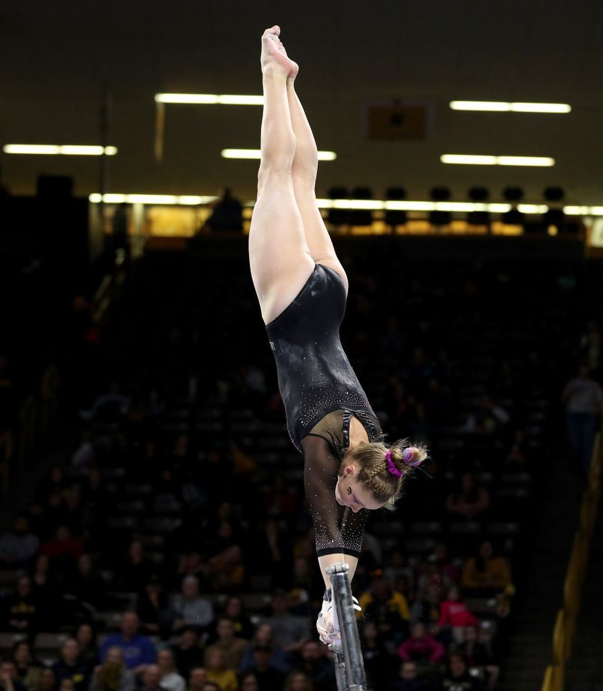 Iowa’s Allyson Steffensmeier competes on the bars against Michigan Friday, February 14, 2020 at Carver-Hawkeye Arena. (Brian Ray/hawkeyesports.com)