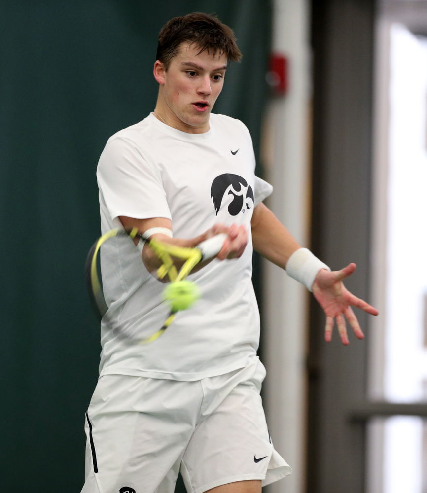 Iowa’s Joe Tyler against Cornell Sunday, March 8, 2020 at the Hawkeye Tennis and Recreation Center. (Brian Ray/hawkeyesports.com)