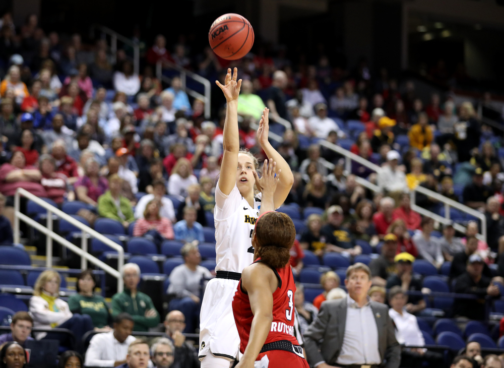Iowa Hawkeyes guard Kathleen Doyle (22) against the NC State Wolfpack in the regional semi-final of the 2019 NCAA Women's College Basketball Tournament Saturday, March 30, 2019 at Greensboro Coliseum in Greensboro, NC.(Brian Ray/hawkeyesports.com)