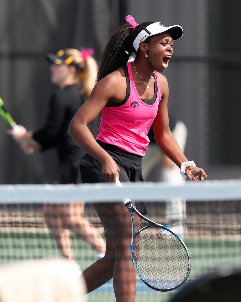 Adorabol Huckleby against Minnesota Friday, April 20, 2018 at the Hawkeye Tennis and Recreation Center. (Brian Ray/hawkeyesports.com)