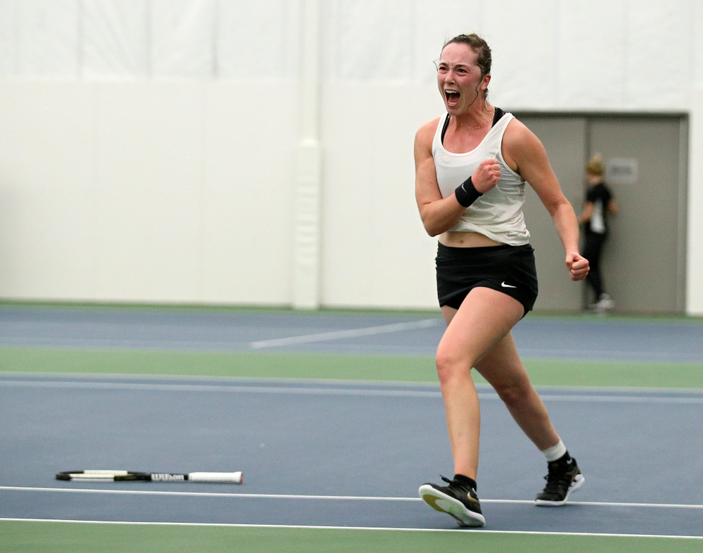 Iowa’s Samantha Mannix celebrates after winning her singles match at the Hawkeye Tennis and Recreation Complex in Iowa City on Sunday, February 23, 2020. (Stephen Mally/hawkeyesports.com)