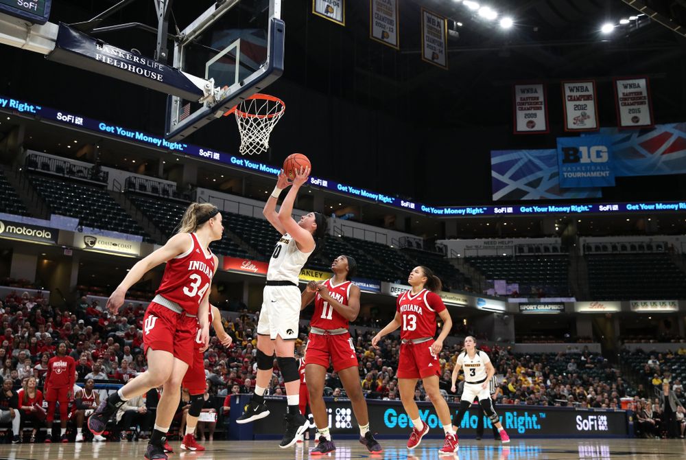 Iowa Hawkeyes forward Megan Gustafson (10) against the Indiana Hoosiers in the quarterfinals of the Big Ten Tournament Friday, March 8, 2019 at Bankers Life Fieldhouse in Indianapolis, Ind. (Brian Ray/hawkeyesports.com)
