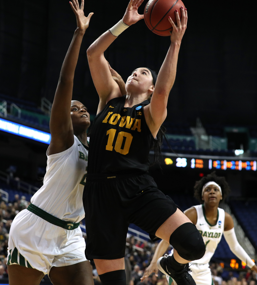 Iowa Hawkeyes forward Megan Gustafson (10) against the Baylor Lady Bears in the regional final of the 2019 NCAA Women's College Basketball Tournament Monday, April 1, 2019 at Greensboro Coliseum in Greensboro, NC.(Brian Ray/hawkeyesports.com)
