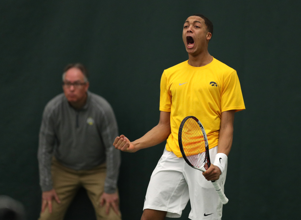 Oliver Okonkwo against Utah Sunday, February 10, 2019 at the Hawkeye Tennis and Recreation Complex. (Brian Ray/hawkeyesports.com)