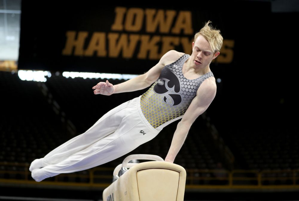 Iowa’s Nick Merryman competes on the pommel horse against Illinois Sunday, March 1, 2020 at Carver-Hawkeye Arena. (Brian Ray/hawkeyesports.com)