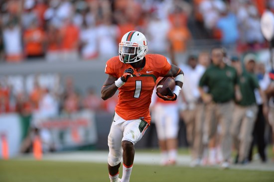 Wide receiver Allen Hums #1 catches a ball in a game against the Georgia Tech Yellow Jackets at Sun Life Stadium on October 5, 2013. Hurns lead the...
