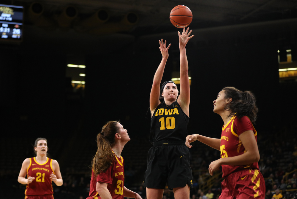 Iowa Hawkeyes forward Megan Gustafson (10) against the Iowa State Cyclones in the Iowa Corn Cy-Hawk Series Wednesday, December 5, 2018 at Carver-Hawkeye Arena. (Brian Ray/hawkeyesports.com)
