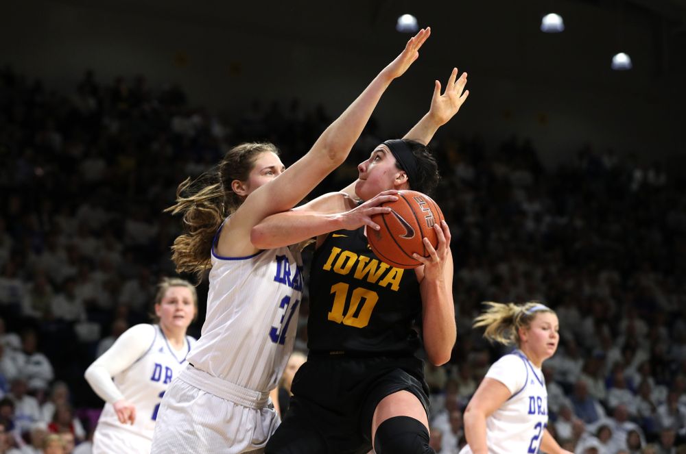 Iowa Hawkeyes forward Megan Gustafson (10) against the Drake Bulldogs Friday, December 21, 2018 at the Knapp Center in Des Moines. (Brian Ray/hawkeyesports.com)