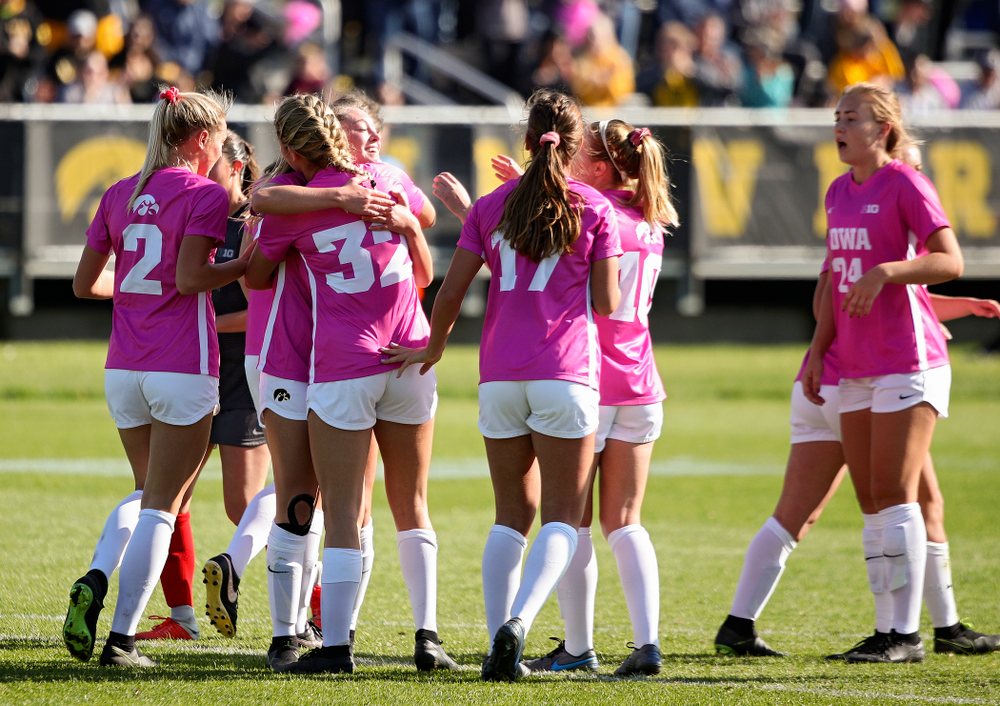 Iowa forward Gianna Gourley (32) celebrates her goal during the second half of their match at the Iowa Soccer Complex in Iowa City on Sunday, Oct 27, 2019. (Stephen Mally/hawkeyesports.com)