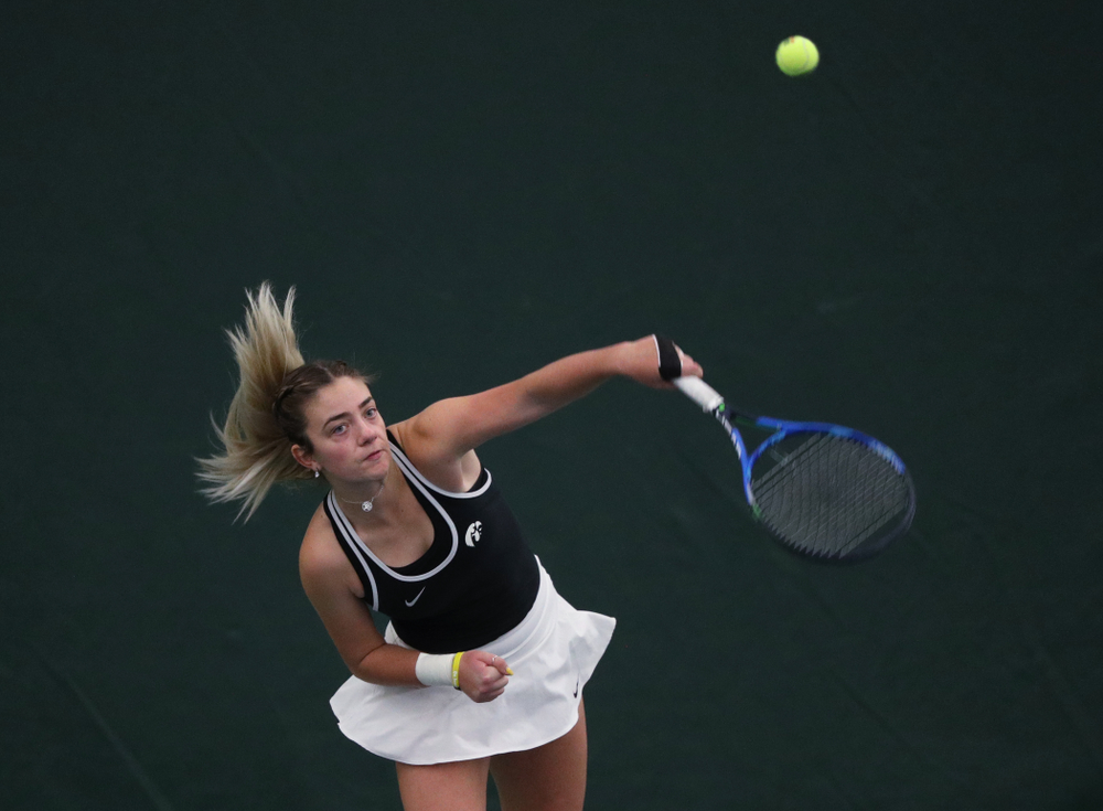 Iowa's Sophie Clark during a doubles match against North Texas Sunday, January 20, 2019 at the Hawkeye Tennis and Recreation Center. (Brian Ray/hawkeyesports.com)
