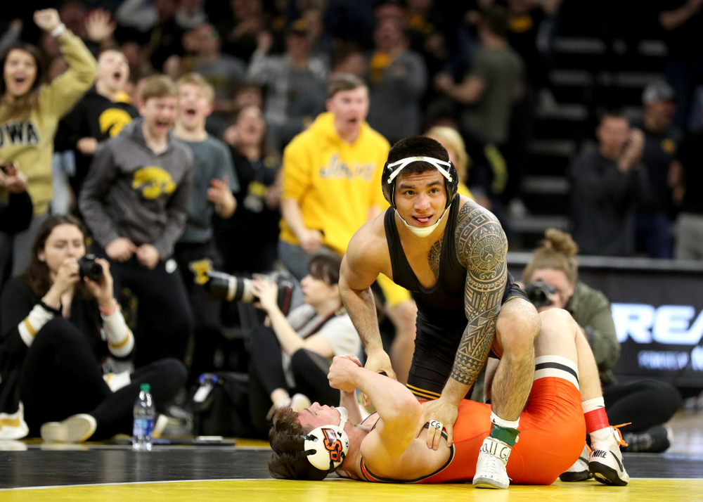Iowa’s Pat Lugo Wrestles Oklahoma State’s Boo Luwallen at 149 pounds Sunday, February 23, 2020 at Carver-Hawkeye Arena. Lugo won the match by fall. (Brian Ray/hawkeyesports.com)