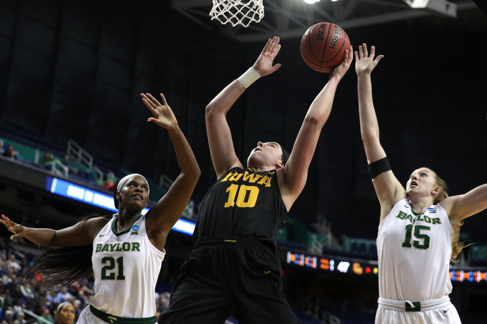 Iowa Hawkeyes forward Megan Gustafson (10) against the Baylor Lady Bears in the regional final of the 2019 NCAA Women's College Basketball Tournament Monday, April 1, 2019 at Greensboro Coliseum in Greensboro, NC.(Brian Ray/hawkeyesports.com)